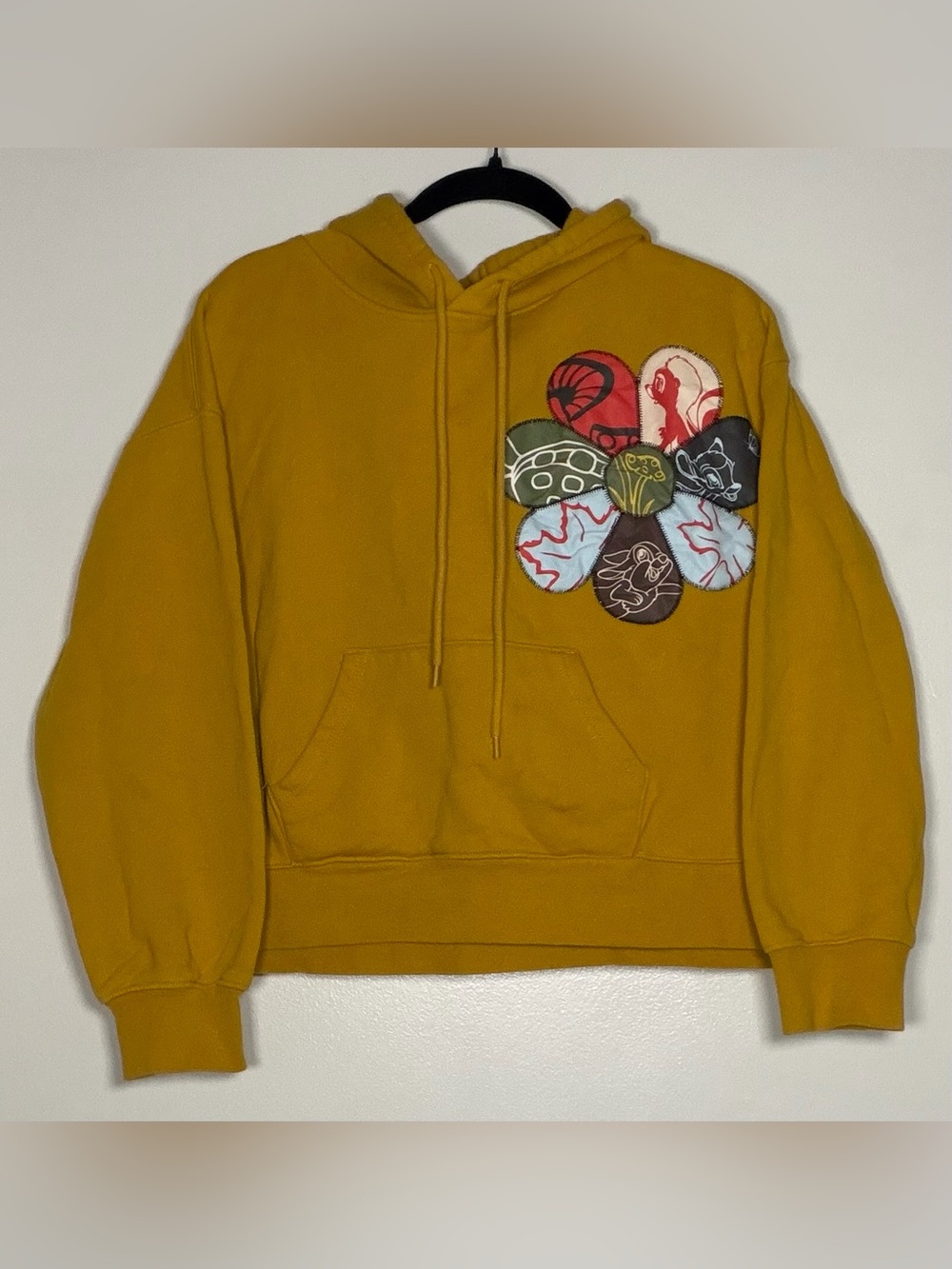 Disney Men's Mustard Yellow Crewneck Hoodie with Floral Patch